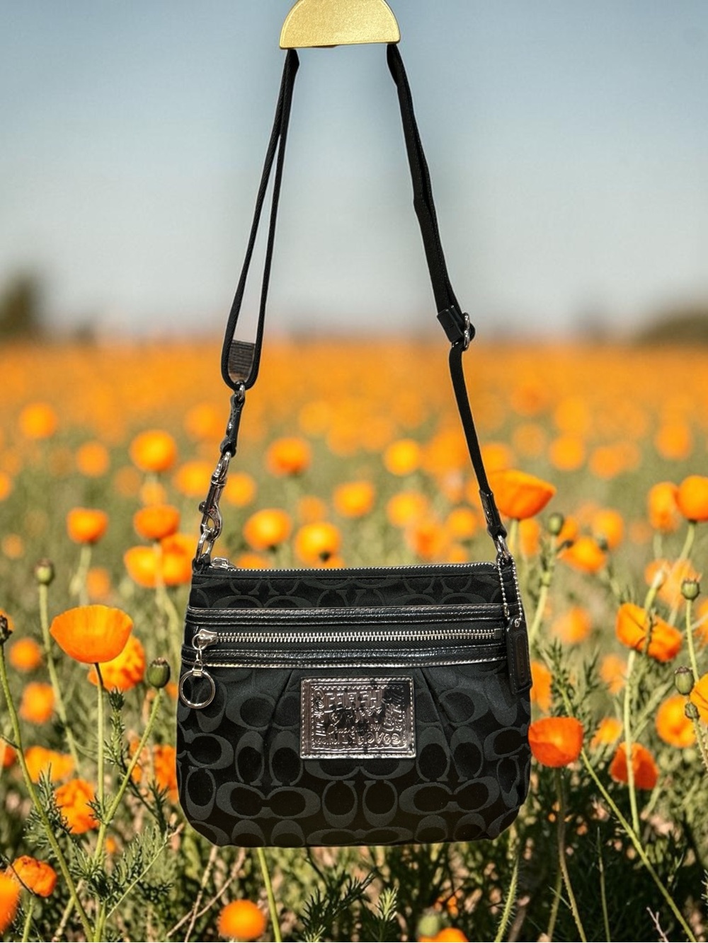 Coach Black Poppy Signature Crossbody with Silver Accents